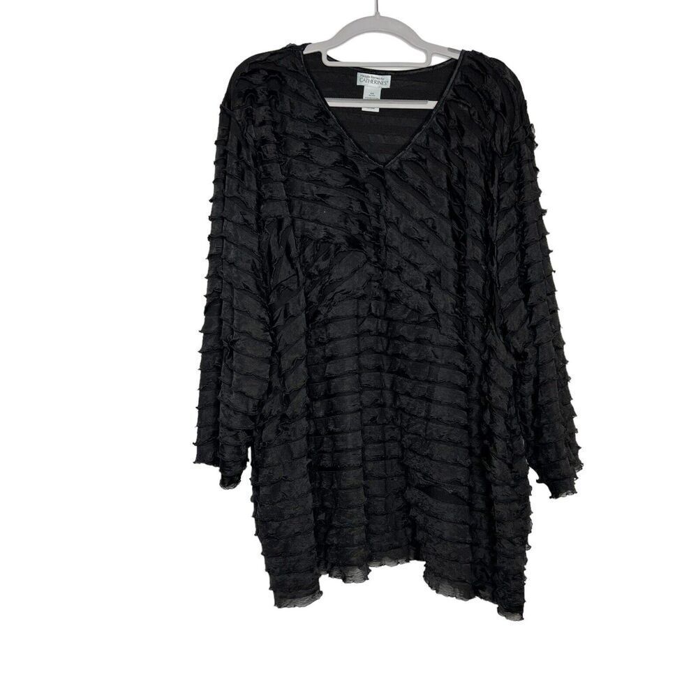 Maggie Barnes Top Womens 4X Black Textured V Neck 3/4 Sleeves Stretch Witchy